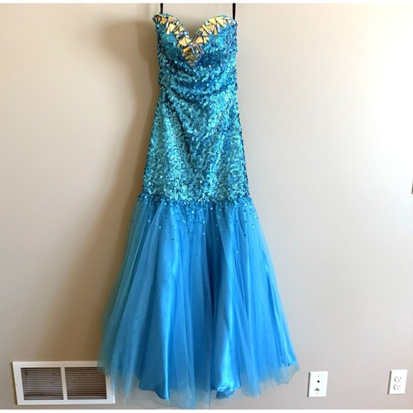 RJ CRUSH Long Mermaid PROM DRESS Aqua Blue Sequins Stones Stapless Tulle Sz 4 - Picture 1 of 15